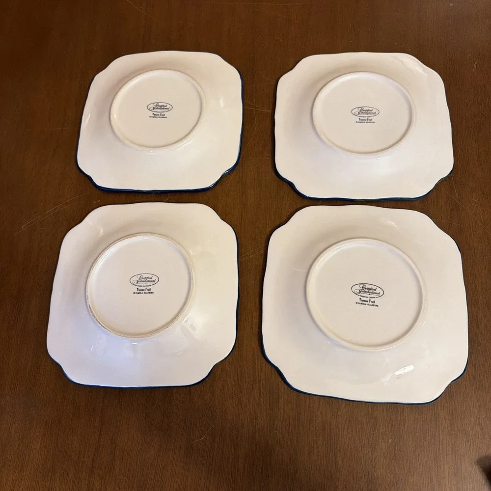 4 Certified International Pamela Gladding Tuscan Fruit Square Blue Dinner Plates